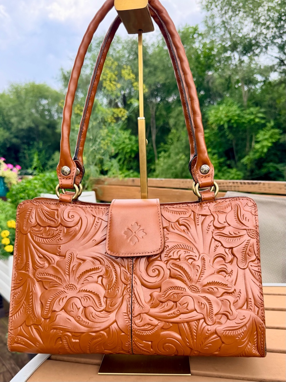 Patricia Nash Tooled Embossed Leather Satchel + Matching Wallet in Floral Cognac - Picture 4 of 16